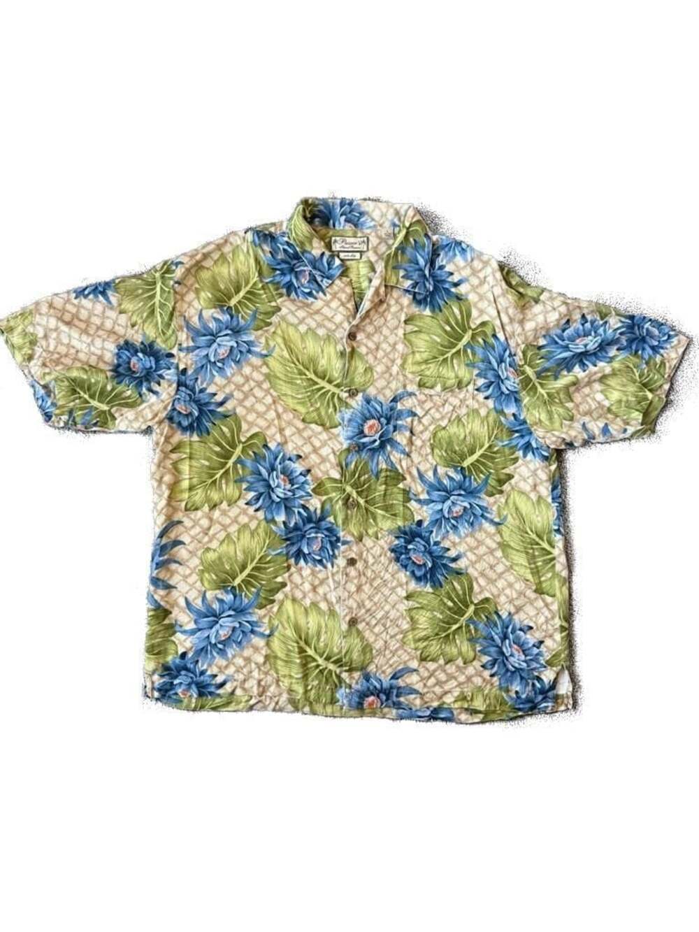 Pusser's Island Reserve 100% Silk Hawaiian Shirt Blue Floral & Monstera Leaf L